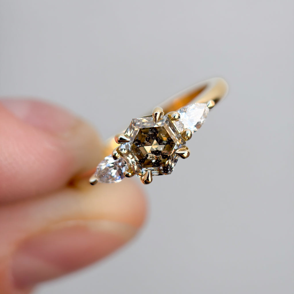 hexagon cut salt and pepper champagne diamond engagement ring
