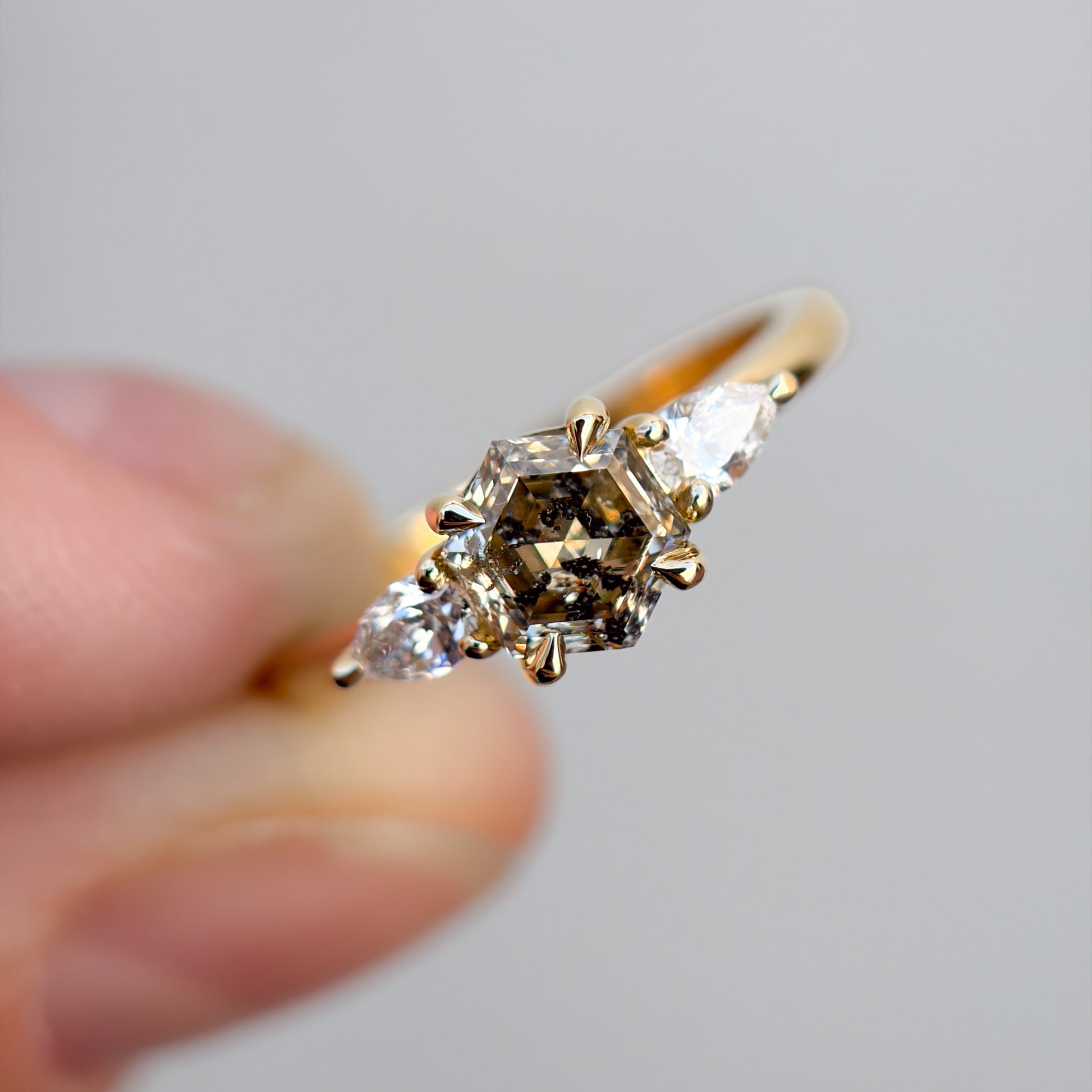 hexagon cut salt and pepper champagne diamond engagement ring