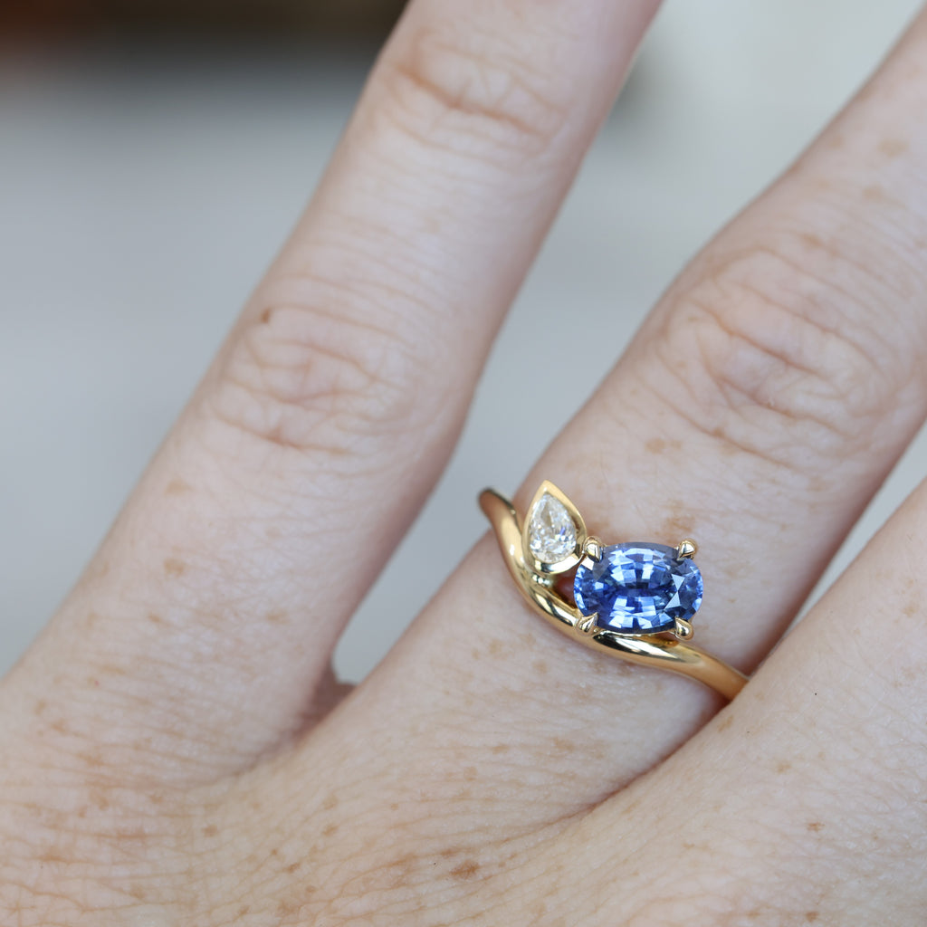 oval and pear sapphire engagement ring yellow gold handmade 1.02ct ceylon sapphire