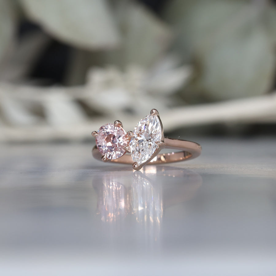oval and marquise toi et moi engagement ring with pink ceylon sapphire lab diamond
