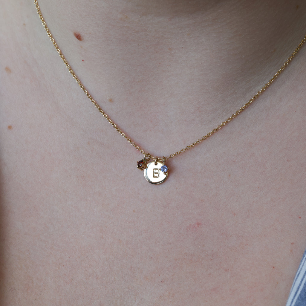personalised disc and birthstone charm necklace