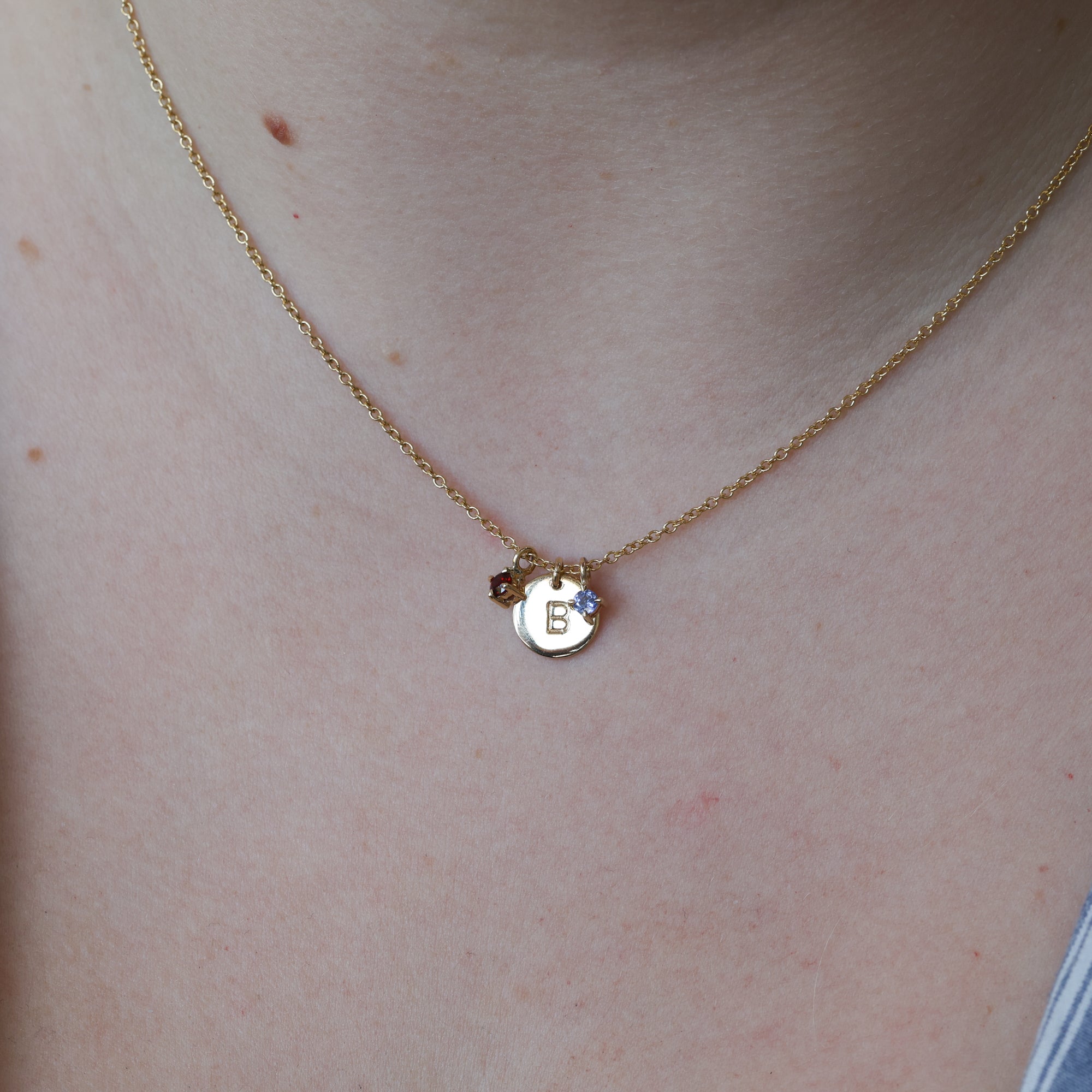 personalised disc and birthstone charm necklace