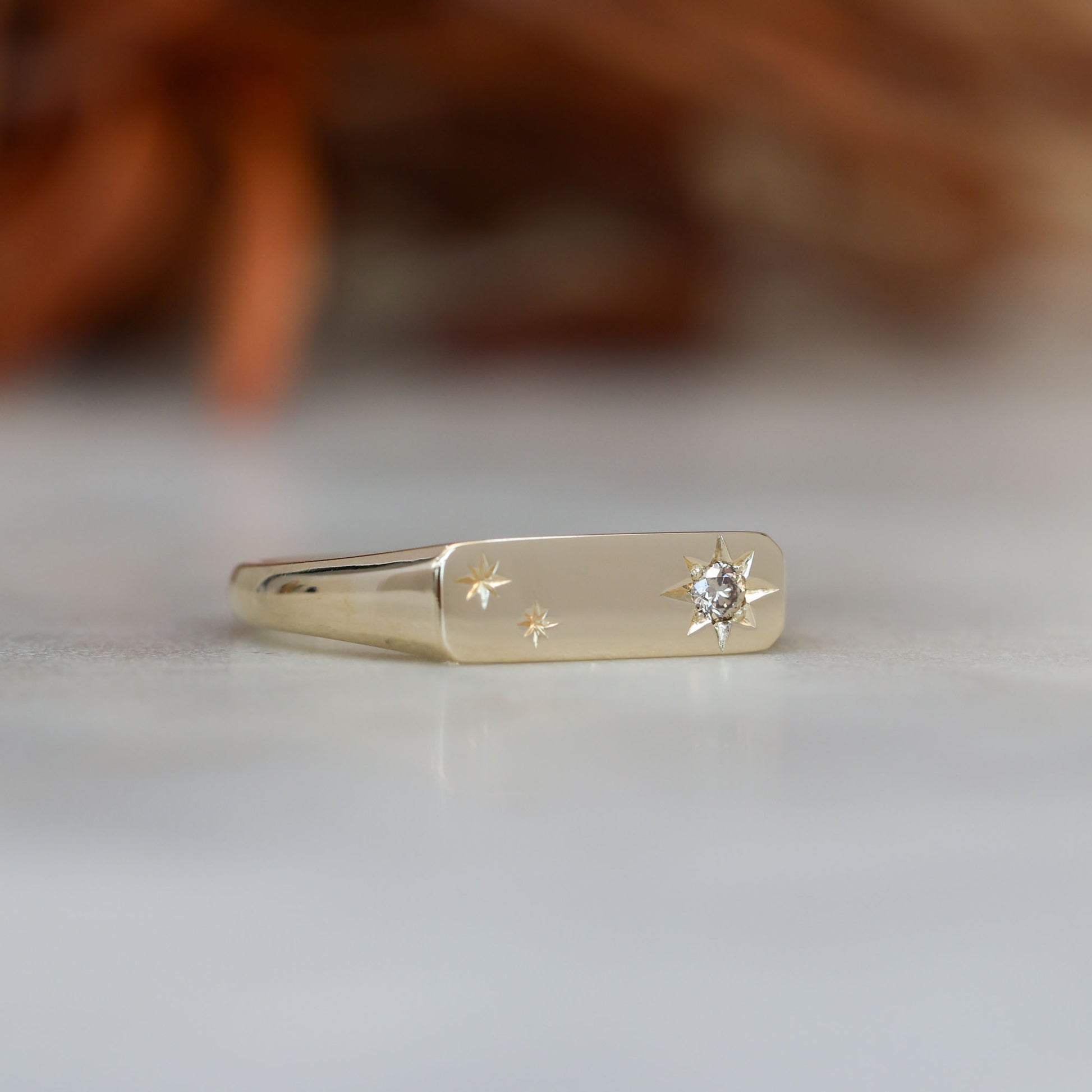 two star and champagne diamond bar signet ring