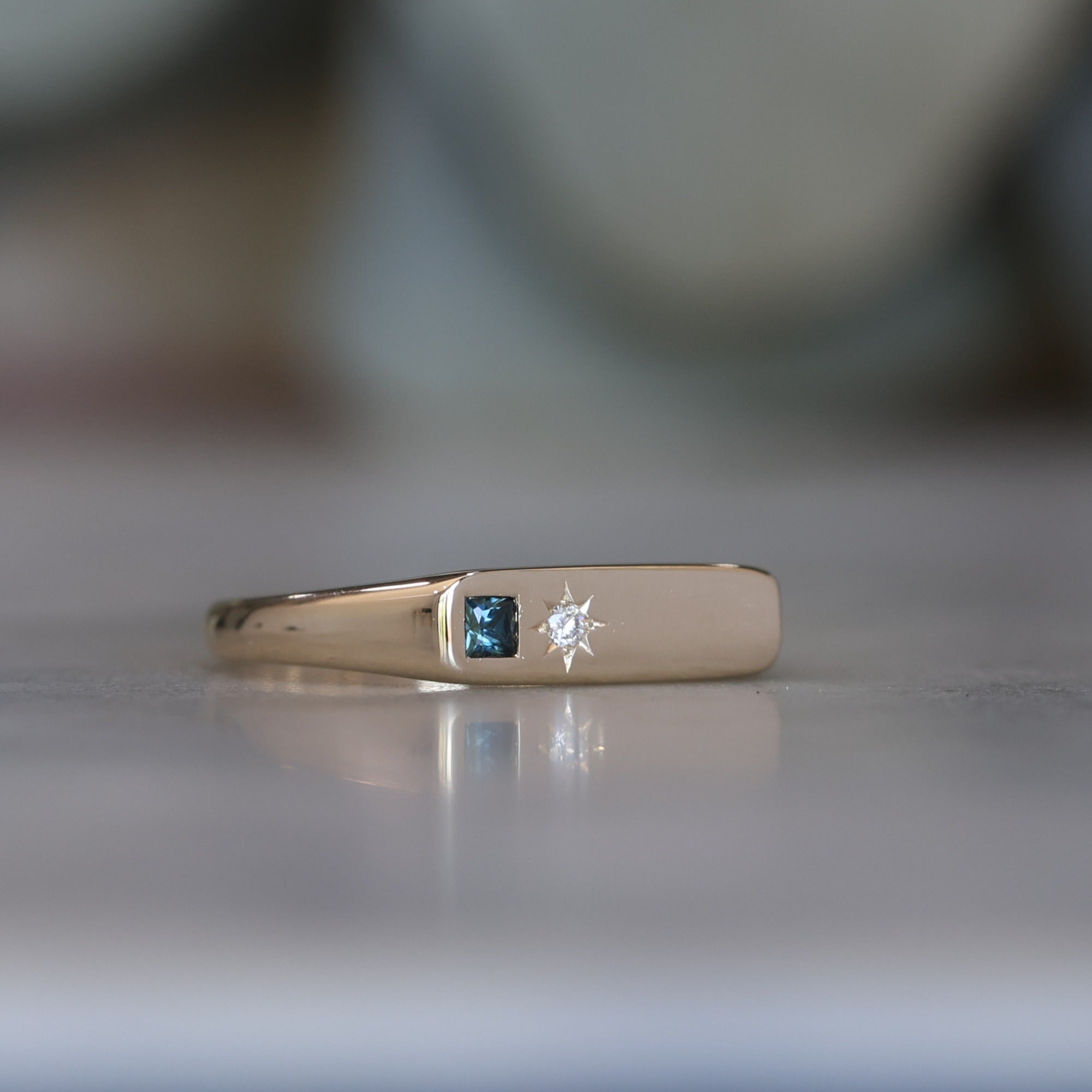 yellow gold Diamond and Sapphire bar signet ring