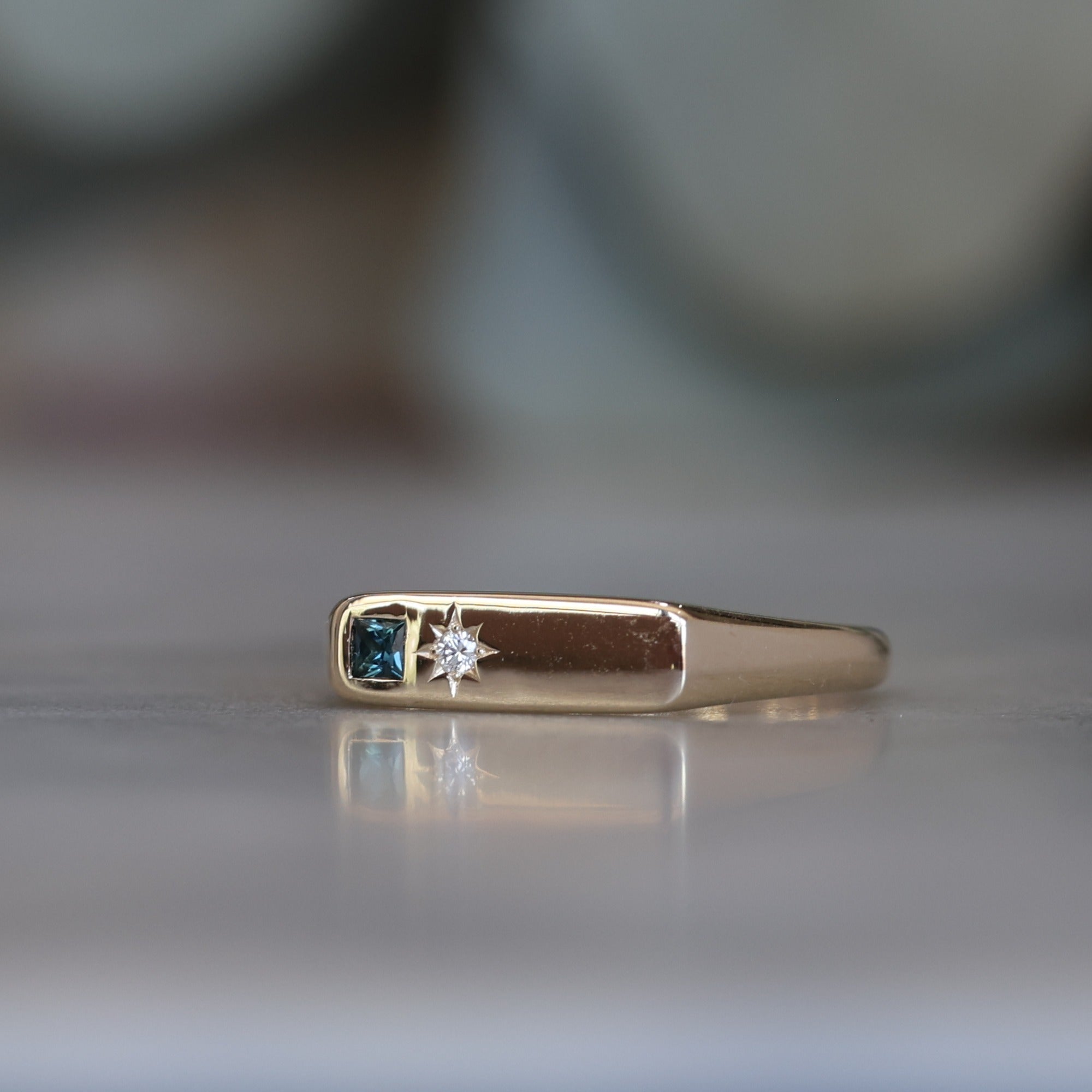 yellow gold Diamond and Sapphire bar signet ring