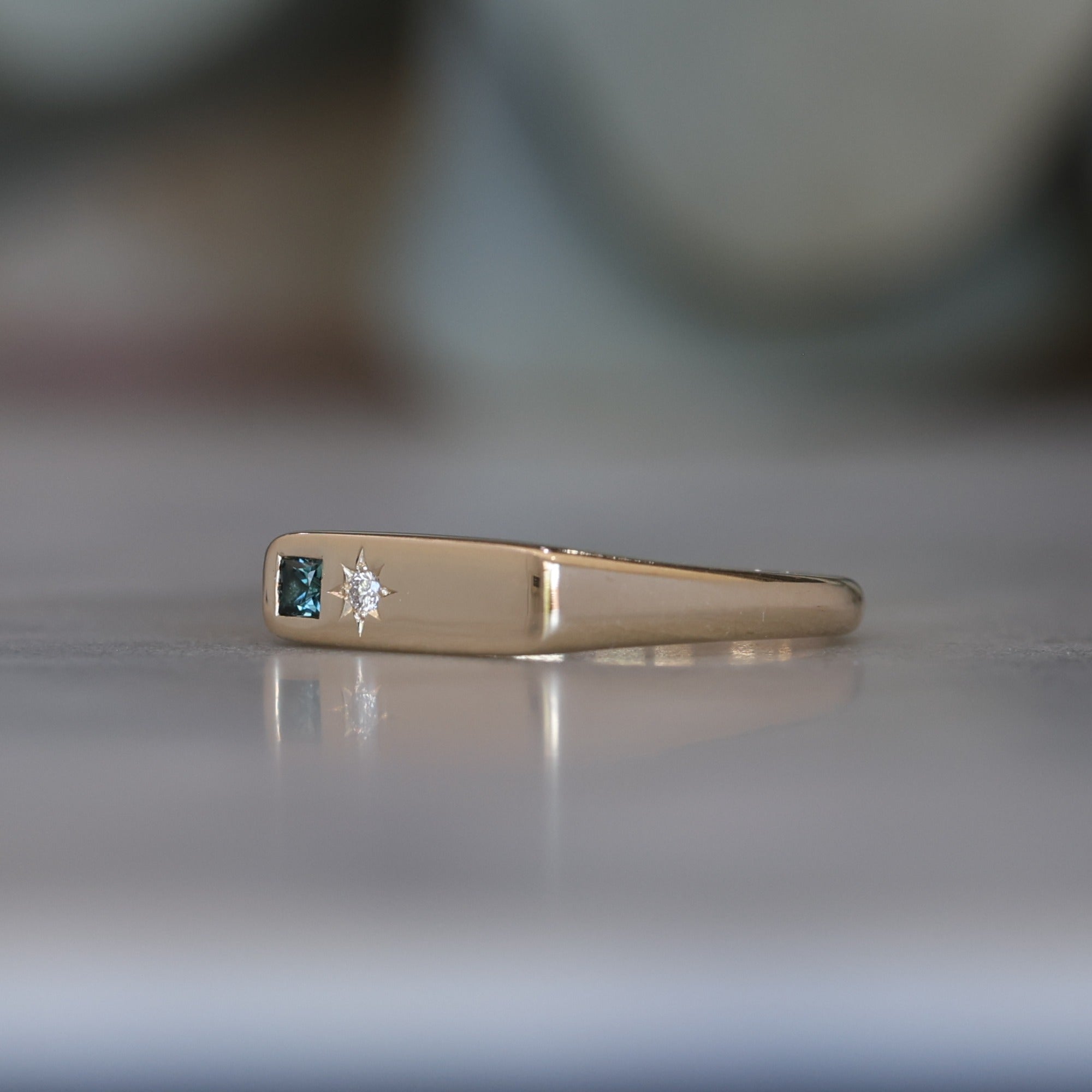 yellow gold Diamond and Sapphire bar signet ring