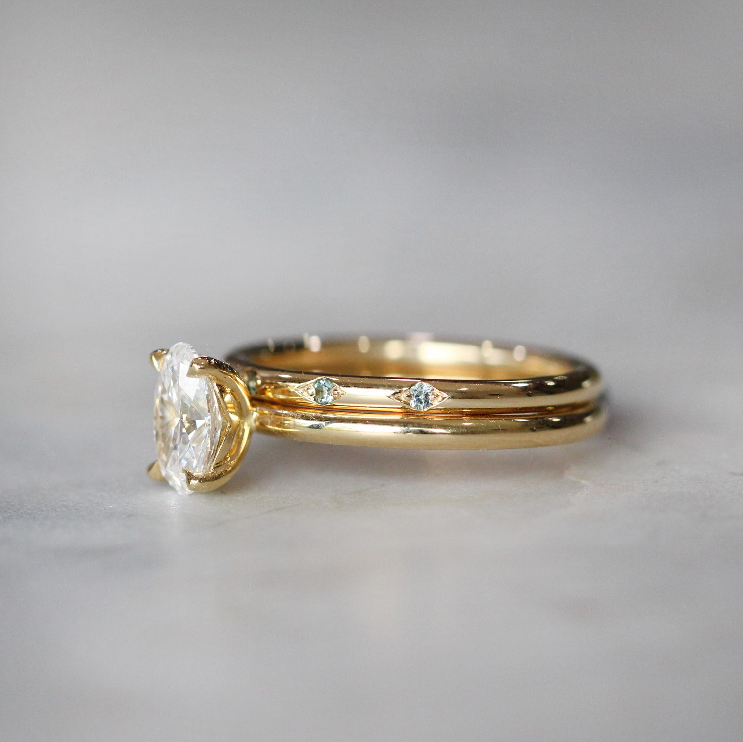 flat australian sapphire stardust wedding band with engagement ring