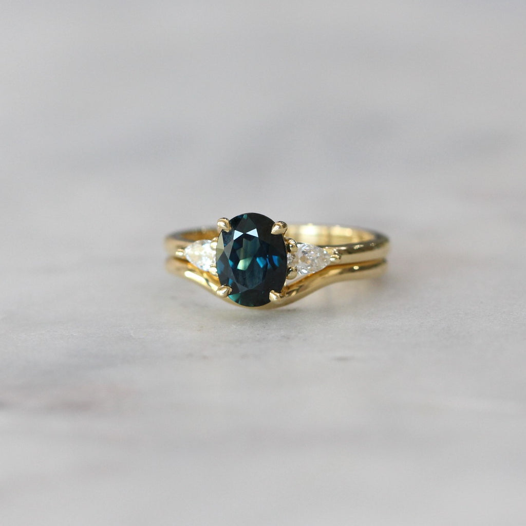  wave wedding band with engagement ring yellow gold